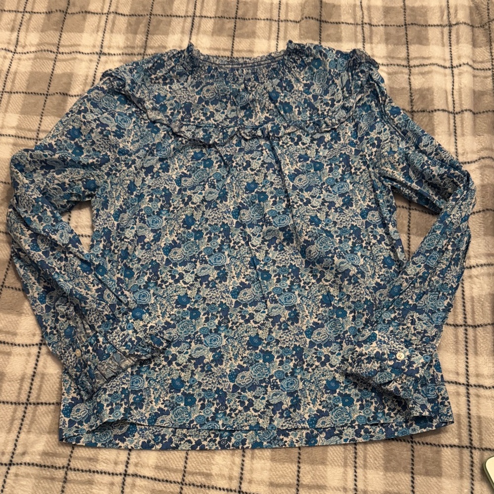 J.Crew Factory Liberty Floral Blouse Size Medium Blue Ruffle Collar Cotton